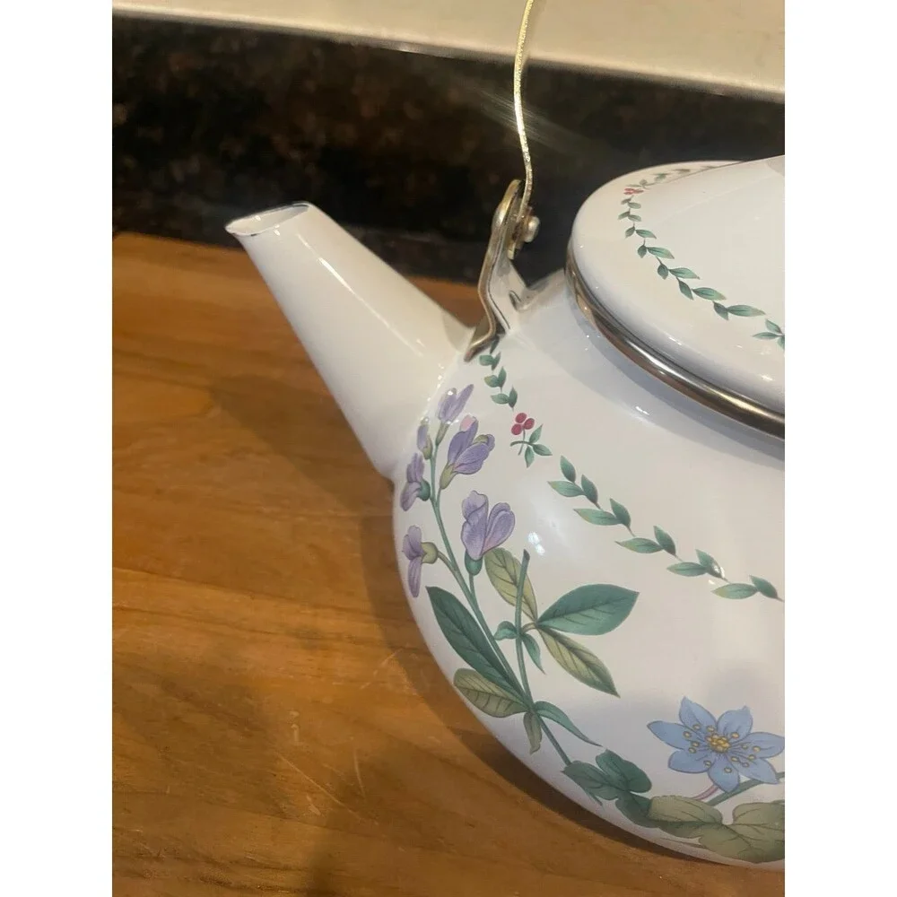 MIKASA ENAMELED METAL TEA POT KETTLE FLOWERS